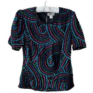 Black Silk Sequin Top Short Sleeve Swirl Pink Red Green Blue  Vintage Size Large